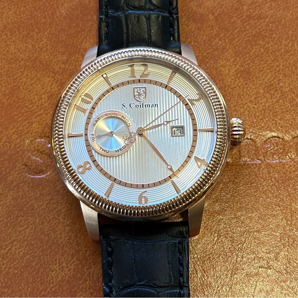 S Coifman Watch With 45mm Silver White Face & Black Leather Band